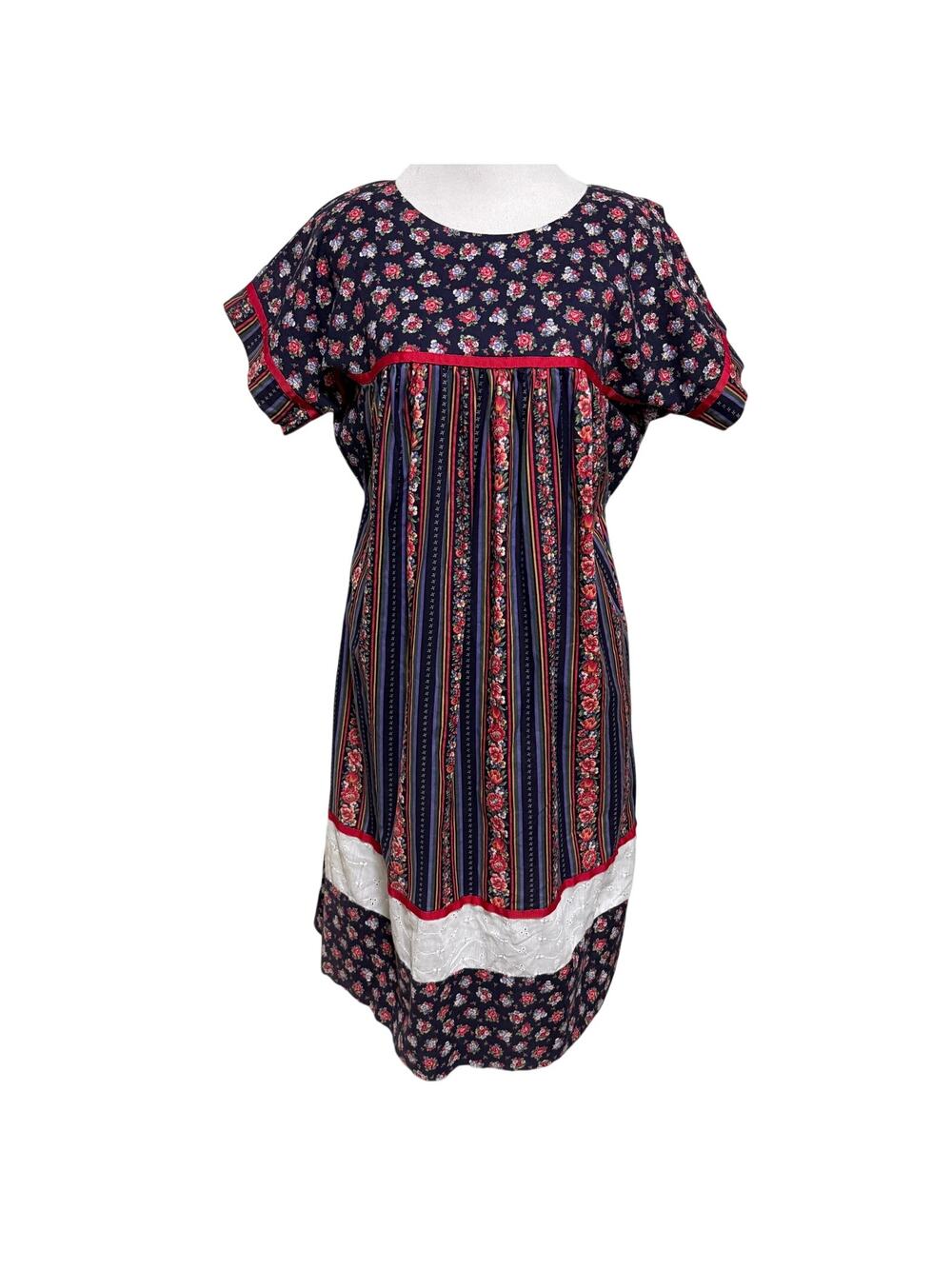 VTG T&L Muumuu Floral Hawaiian Dress 7/8 Blue Patchwork Cottage Boho Peasant